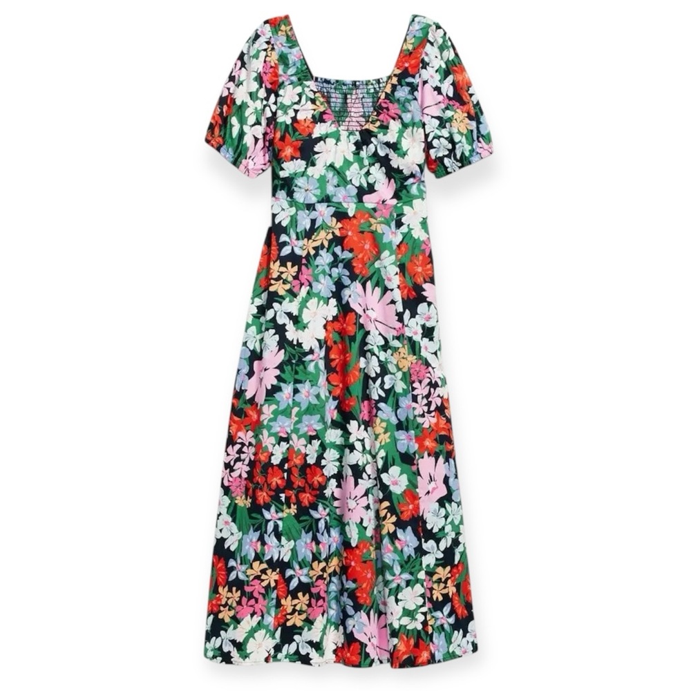 Old Navy Floral V-Neck Puff Sleeve Swing Midi Dress